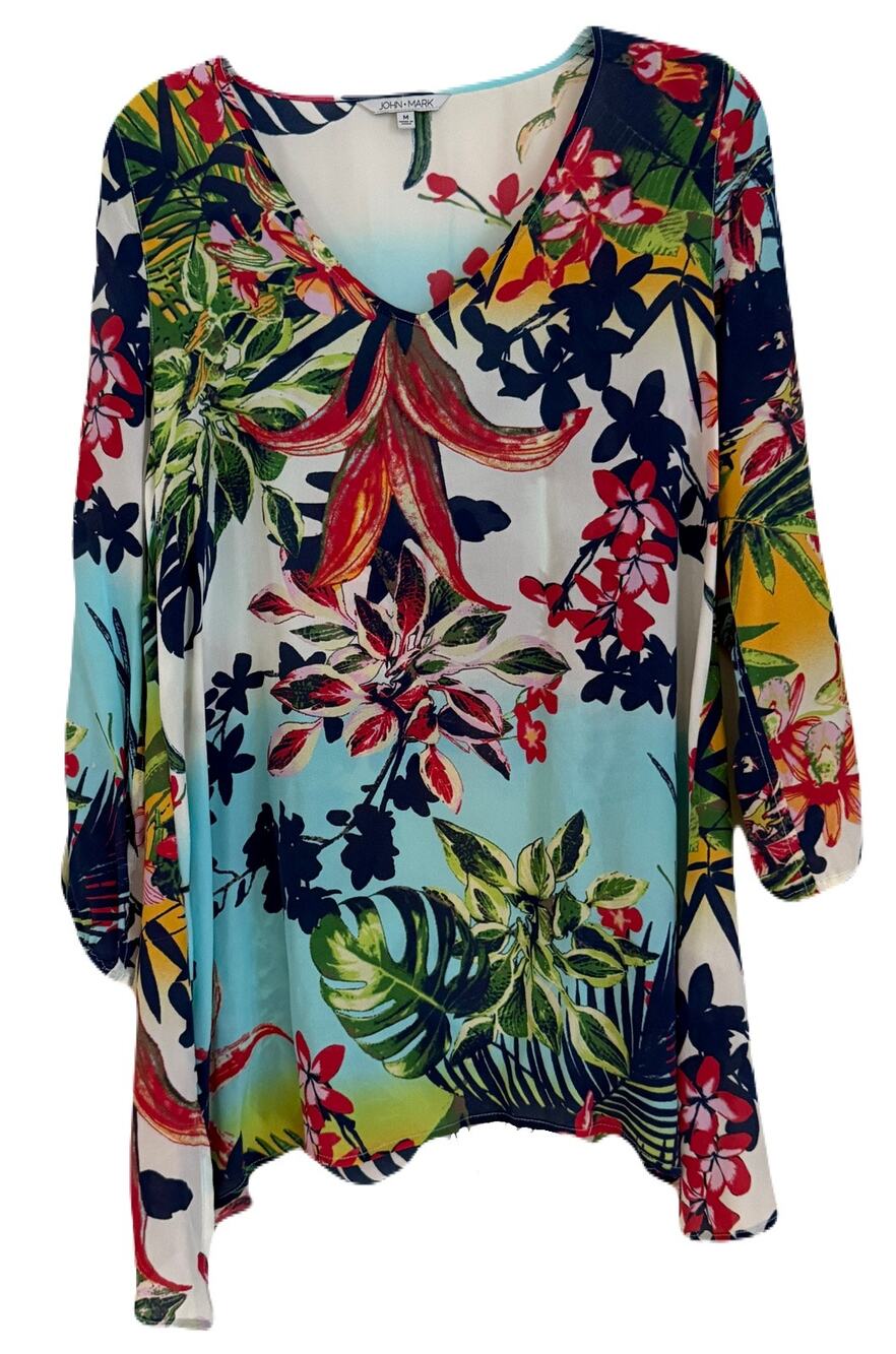 John Mark 100% Silk Tropical Print Tunic - Split Sleeve, Size Medium